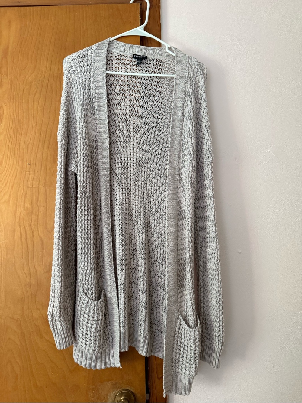 Express Light Gray Open-Front Knit Cardigan with Patch Pockets
